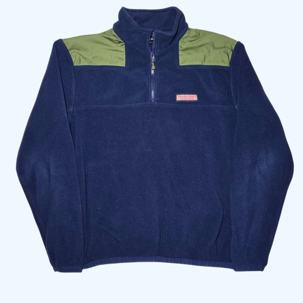 Vineyard Vines Mens Small Navy Blue Olive Green Fleece 1/4 Zip Pullover READ*